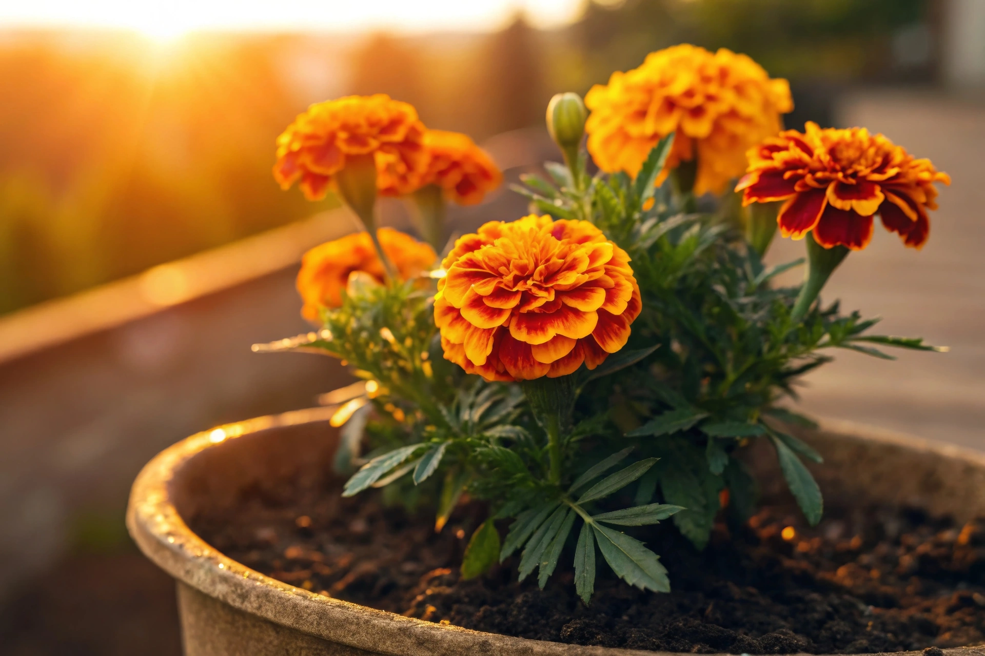 Ringblommor (Calendula) i kruka i kvällsljus