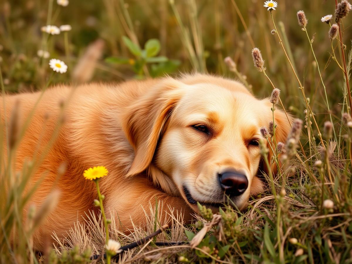 Hund som vilar bland vilda blommor